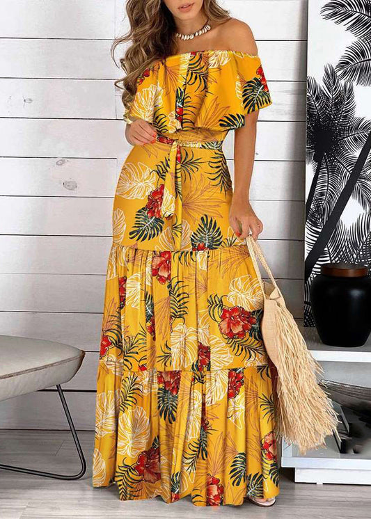 LB | Bohemian Yellow Cold Shoulder Print Plisowana sukienka maxi z krótkim rękawem