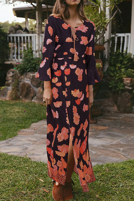LB | Boho Sukienka Maxi z rozcięciem i rozkloszowanym rękawem w kwiaty