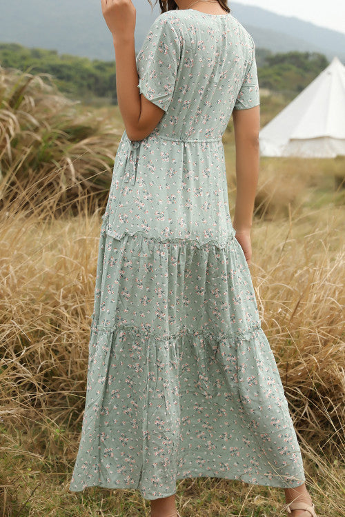 LB | Boho V-neck falbaniasta kwiatowa sukienka maxi