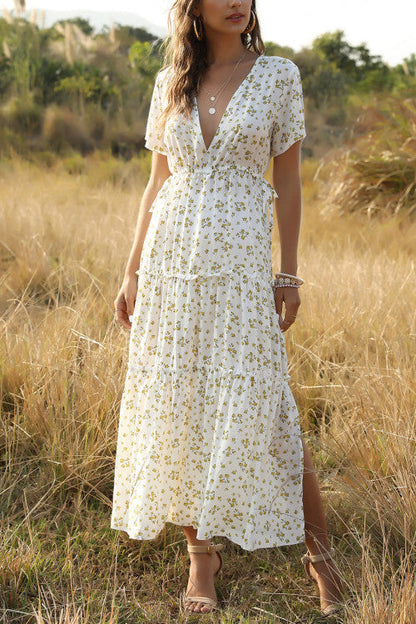 LB | Boho V-neck falbaniasta kwiatowa sukienka maxi