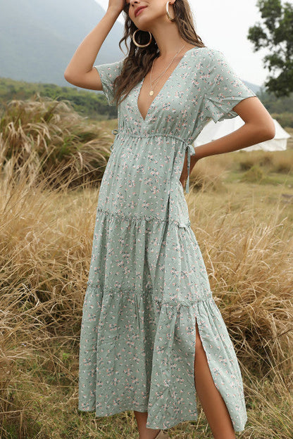 LB | Boho V-neck falbaniasta kwiatowa sukienka maxi