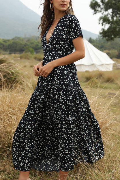 LB | Boho V-neck falbaniasta kwiatowa sukienka maxi