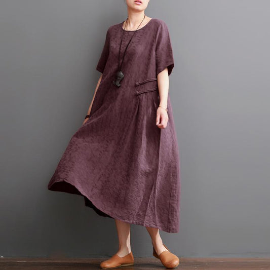 LB | Bordowe letnie sukienki lniane Sukienka Maxi z krótkim rękawem Oversize