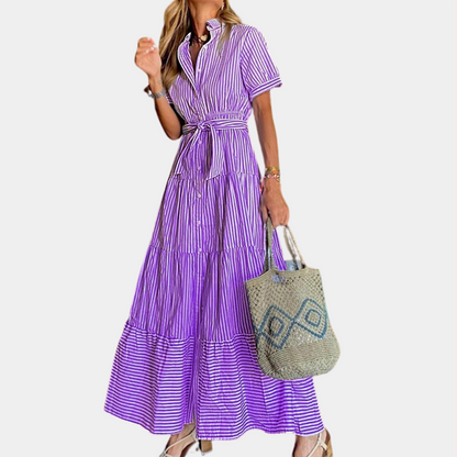 LB | Letnia damska sukienka maxi w paski z paskiem