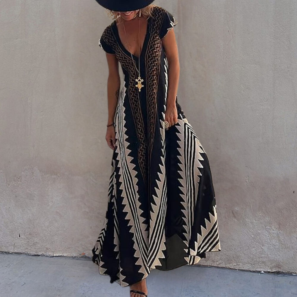 LB | Letnia sukienka maxi w stylu boho z geometrycznym wzorem
