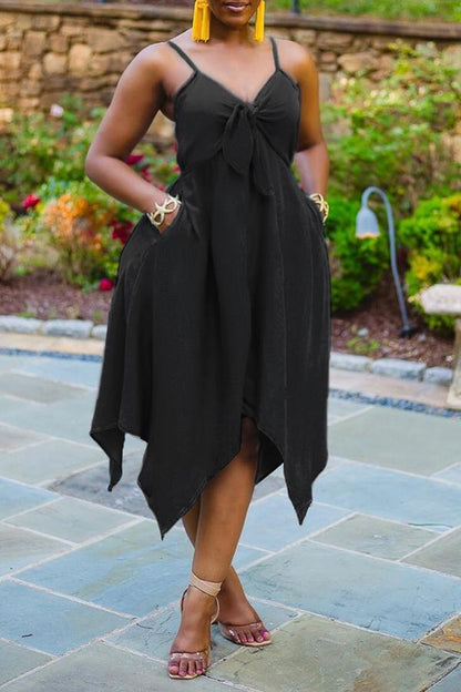 LB | Beachy Solid Bow V-Neck Irregular Hem Midi Dress