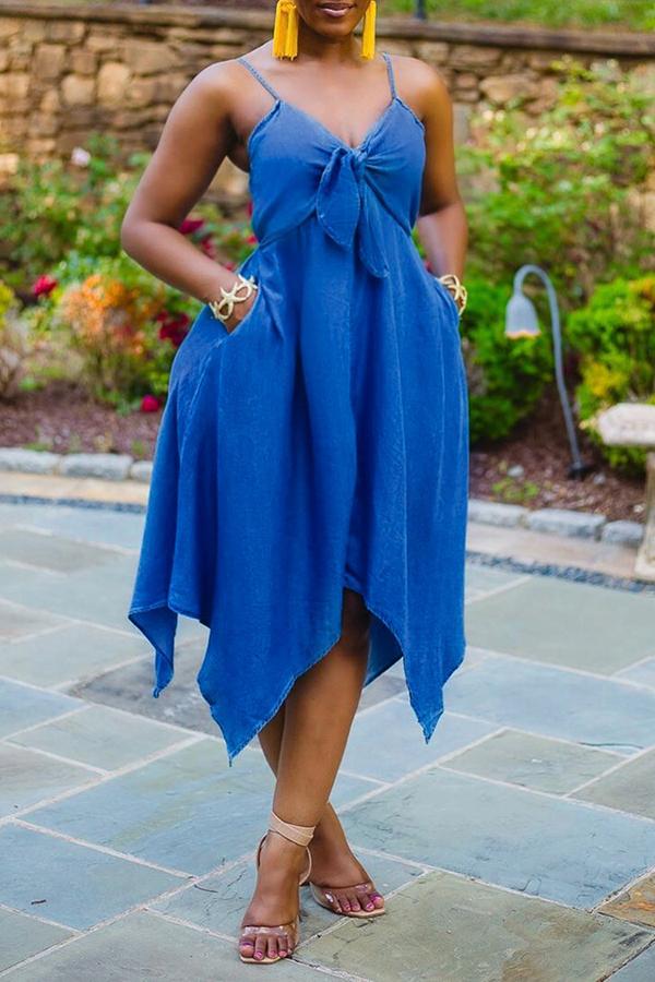 LB | Beachy Solid Bow V-Neck Irregular Hem Midi Dress