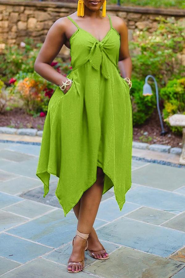 LB | Beachy Solid Bow V-Neck Irregular Hem Midi Dress