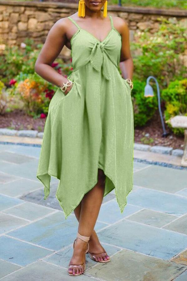LB | Beachy Solid Bow V-Neck Irregular Hem Midi Dress