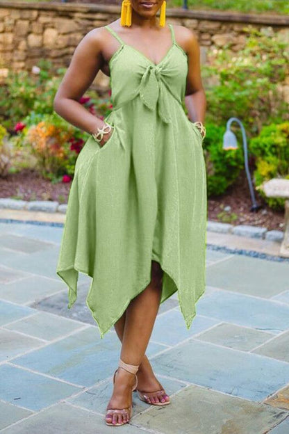 LB | Beachy Solid Bow V-Neck Irregular Hem Midi Dress