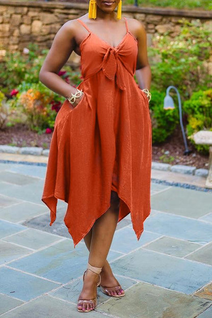 LB | Beachy Solid Bow V-Neck Irregular Hem Midi Dress