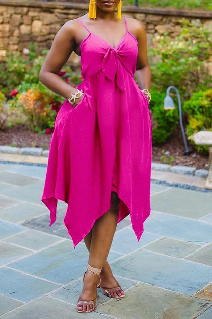 LB | Beachy Solid Bow V-Neck Irregular Hem Midi Dress