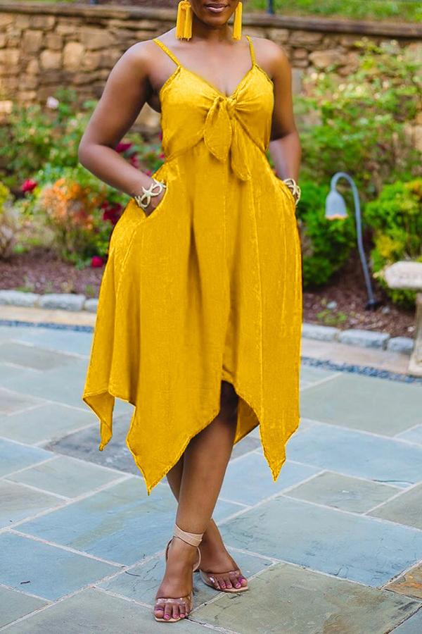 LB | Beachy Solid Bow V-Neck Irregular Hem Midi Dress
