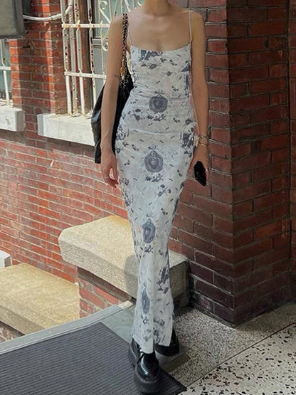 LB | Vintage Cherub Print Slit Mesh Maxi Dress