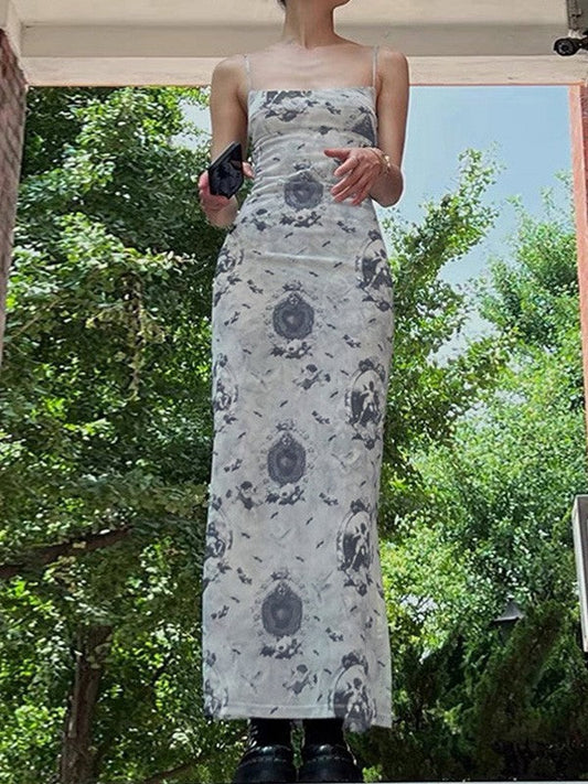 LB | Vintage Cherub Print Slit Mesh Maxi Dress