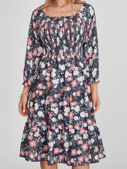 LB | Bohemian Floral Print Sukienka midi z długim rękawem i wysokim stanem w linii A