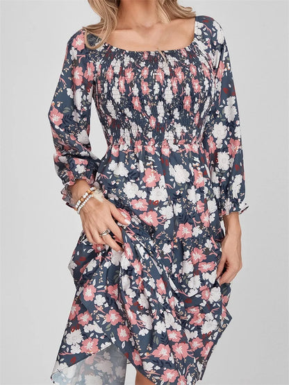 LB | Bohemian Floral Print Sukienka midi z długim rękawem i wysokim stanem w linii A