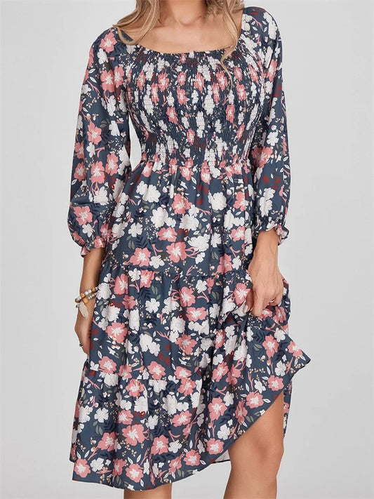 LB | Bohemian Floral Print Sukienka midi z długim rękawem i wysokim stanem w linii A