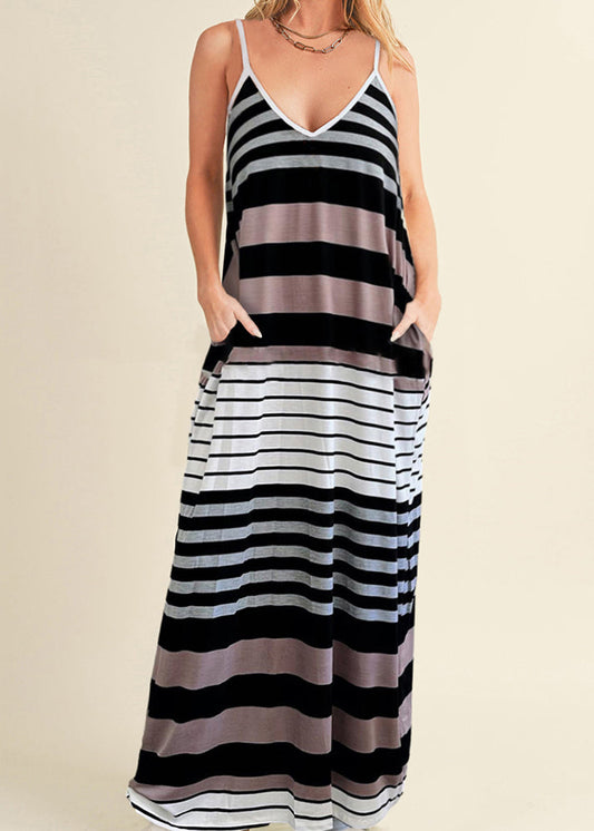 LB | Casualowa sukienka maxi na ramiączkach lato V-neck w paski z kieszeniami