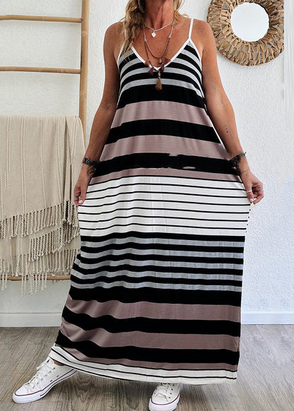 LB | Casualowa sukienka maxi na ramiączkach lato V-neck w paski z kieszeniami