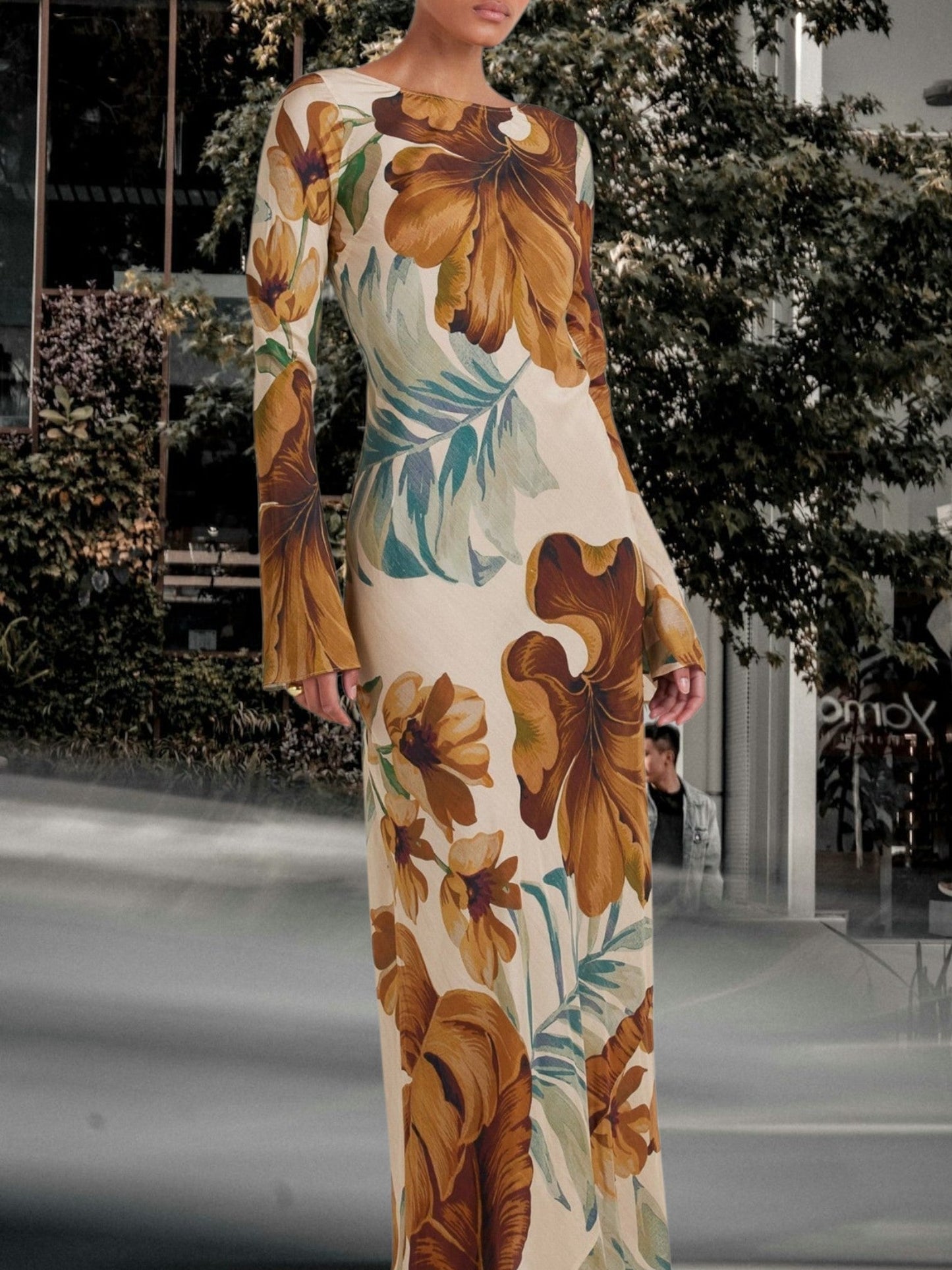 LB | Elegancka sukienka maxi z botanicznym wzorem, bufiastymi rękawami i długimi rękawami