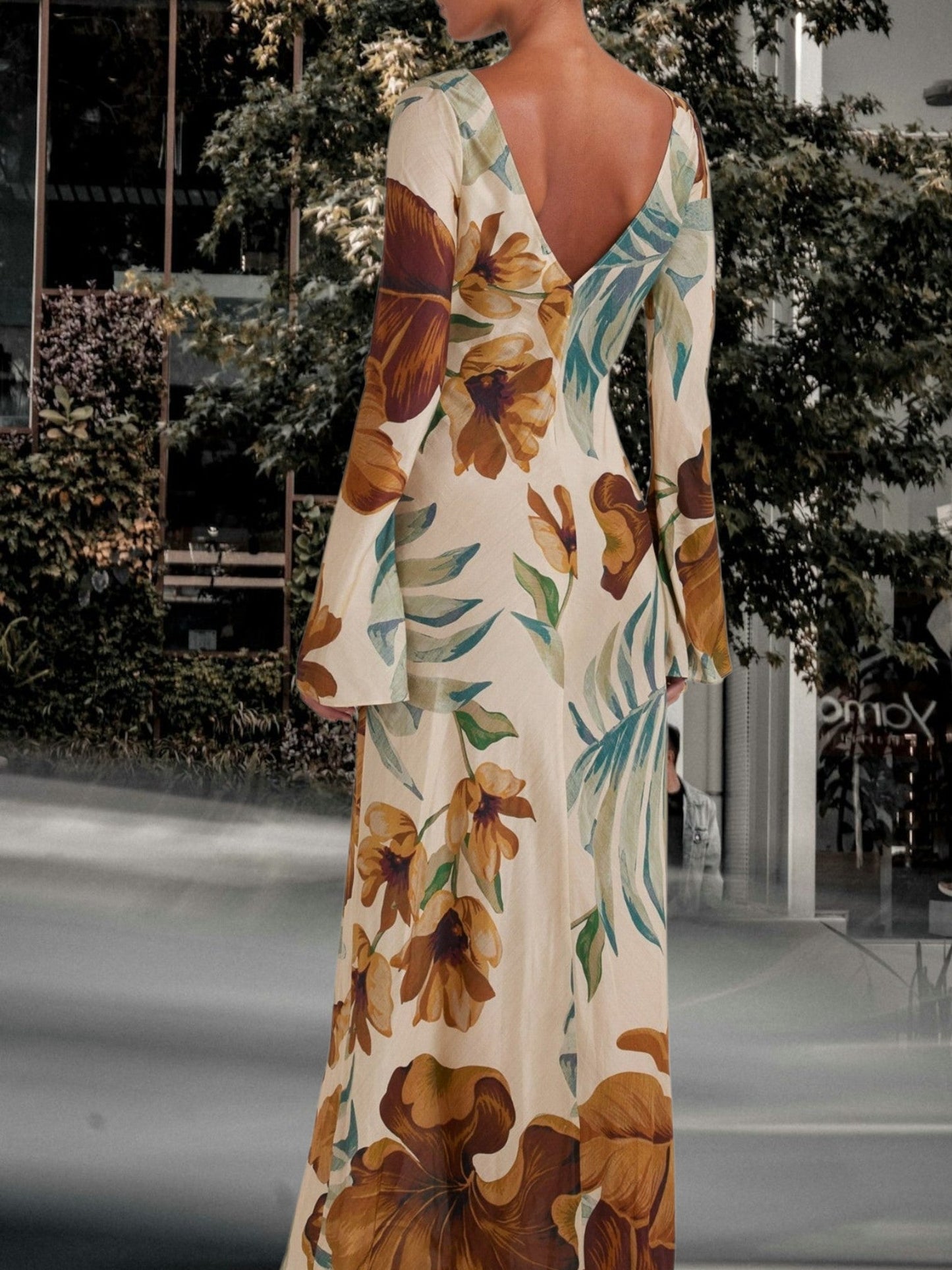 LB | Elegancka sukienka maxi z botanicznym wzorem, bufiastymi rękawami i długimi rękawami