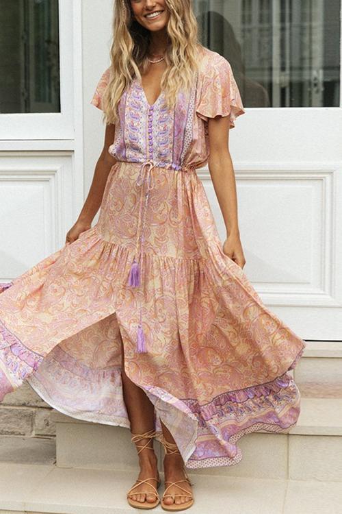 LB | Boho sukienka maxi z guzikami z przodu