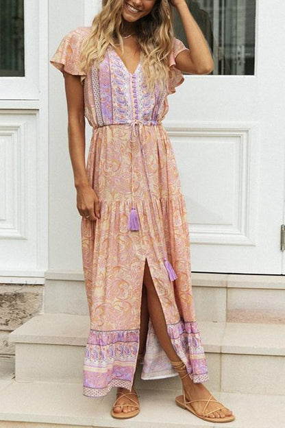 LB | Boho sukienka maxi z guzikami z przodu