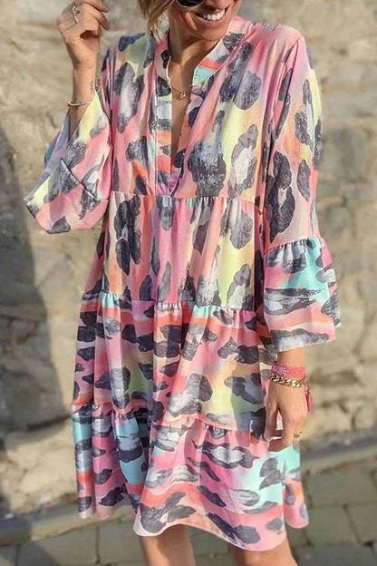 LB | Leoaprd V-neck sukienka mini z długim rękawem