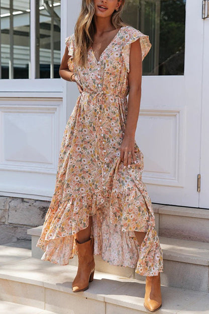 LB | Button Ruffle Floral Drawstring Maxi Dress
