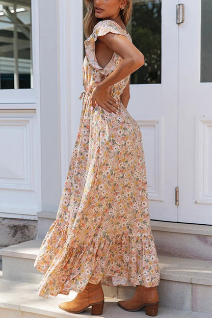 LB | Button Ruffle Floral Drawstring Maxi Dress