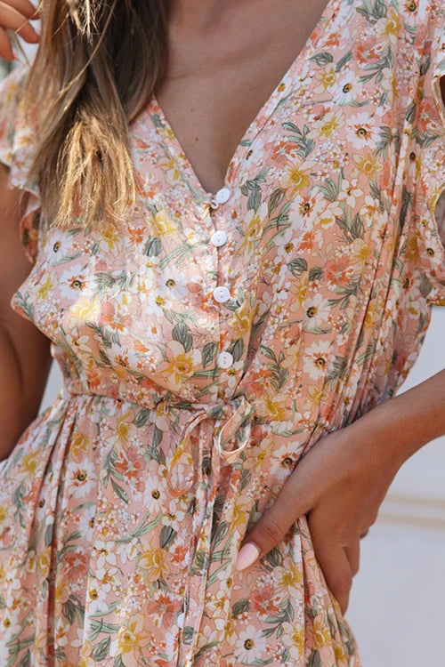 LB | Button Ruffle Floral Drawstring Maxi Dress