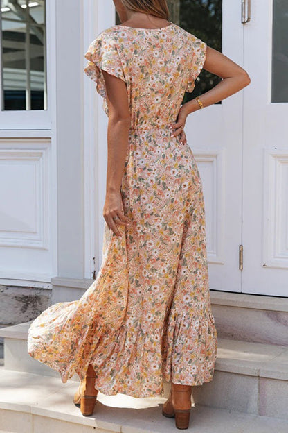 LB | Button Ruffle Floral Drawstring Maxi Dress