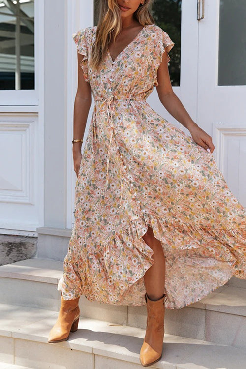 LB | Button Ruffle Floral Drawstring Maxi Dress