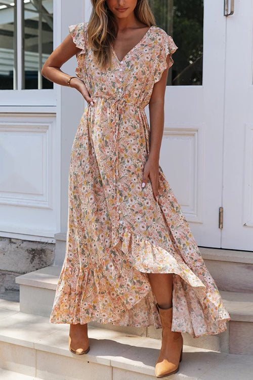 LB | Button Ruffle Floral Drawstring Maxi Dress