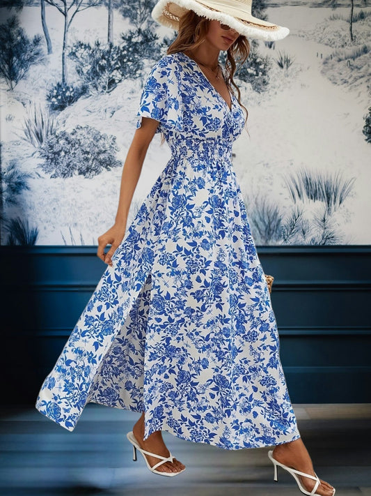 LB | Elegancka sukienka maxi plus size na lato z dekoltem w szpic i lejącą spódnicą