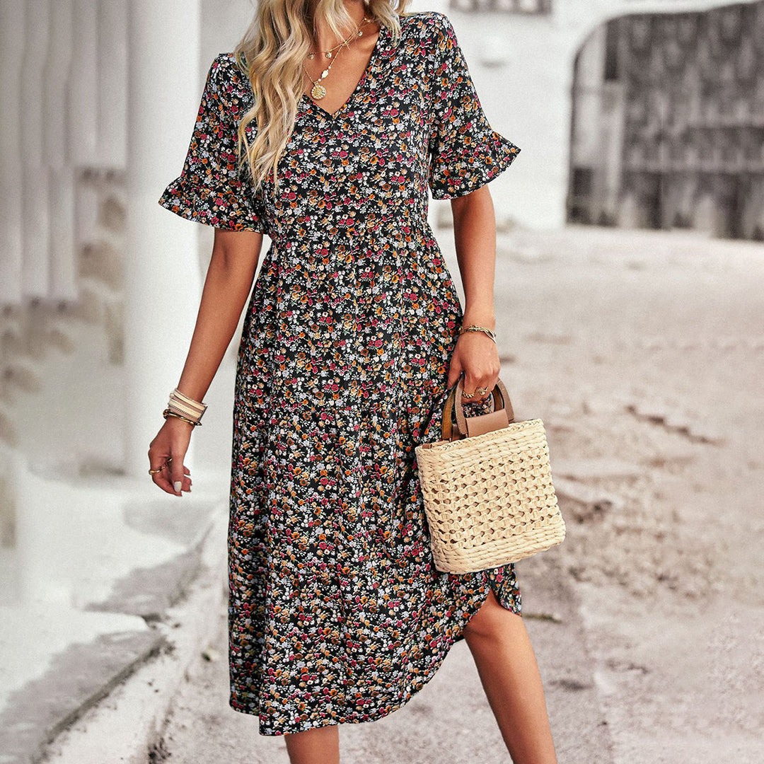 LB | Elegancka letnia sukienka midi w kwiaty dla kobiet