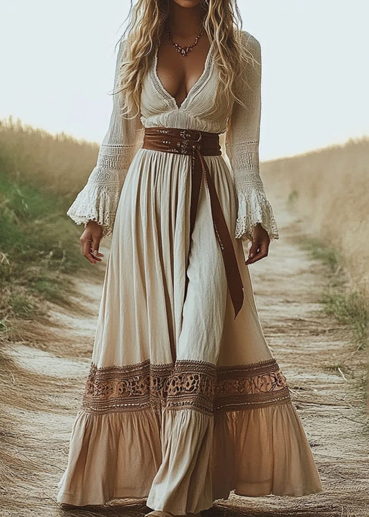 LB | Elegancka beżowa wydrążona tunika maxi sukienka lato
