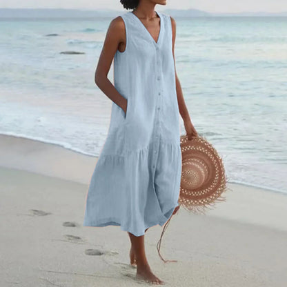 LB | 2024 Elegancka koszulowa letnia sukienka bez rękawów z dekoltem w szpic Harajuku Maxi Dress