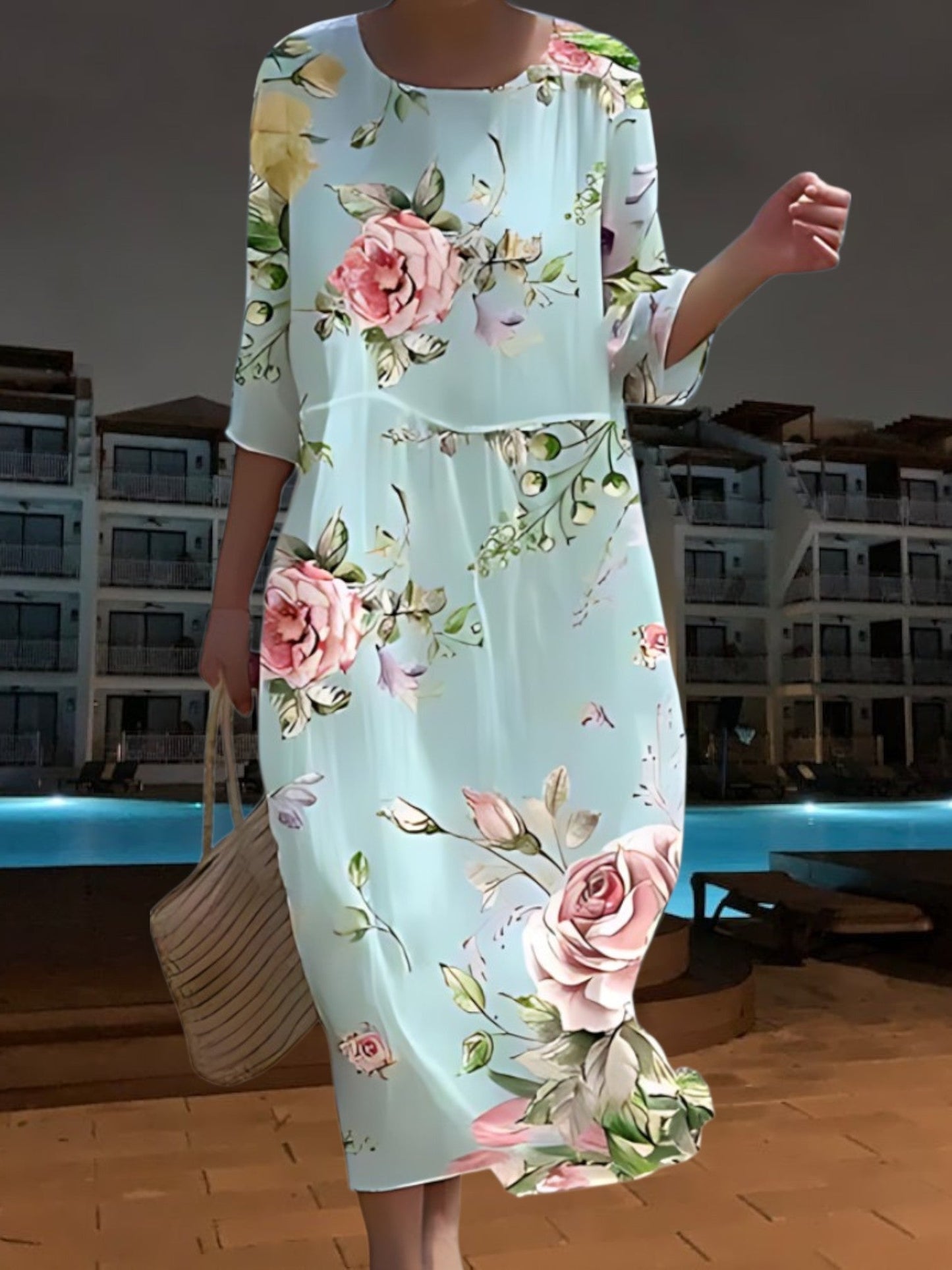 LB | Elegancka sukienka midi z lekkiego, lejącego materiału, rękawy 3/4 z kwiatowym nadrukiem