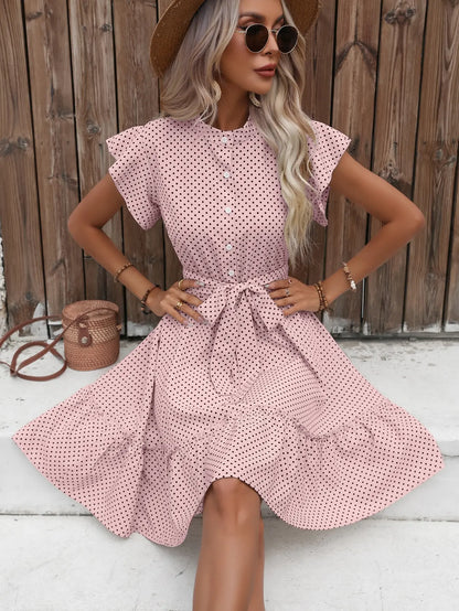 LB | American Polka Dot Printed Butterfly Sleeves Ruffled Edges Wide Pine Hem Waistband Midi Dresses