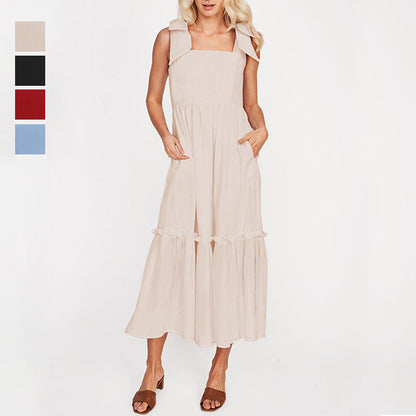 LB | Ladies One Colour Tie Shoulder Ruffle Hem Maxi Dress