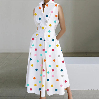 LB | Casual Turn-down Collar Printed Sleeveless Loose Elegant Slim Fit Midi Dresses