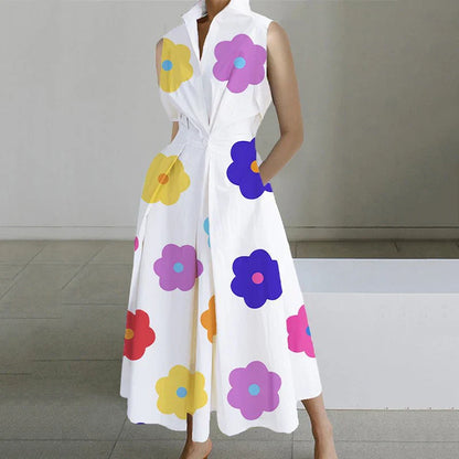 LB | Casual Turn-down Collar Printed Sleeveless Loose Elegant Slim Fit Midi Dresses