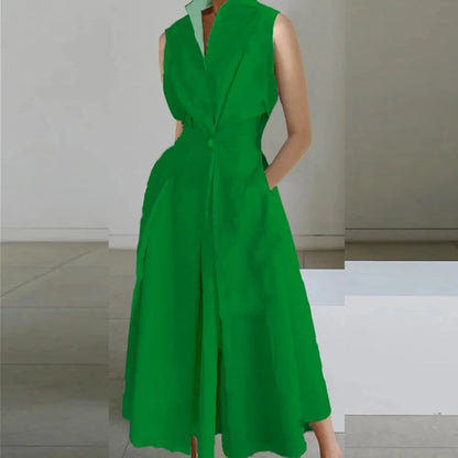 LB | Casual Turn-down Collar Printed Sleeveless Loose Elegant Slim Fit Midi Dresses