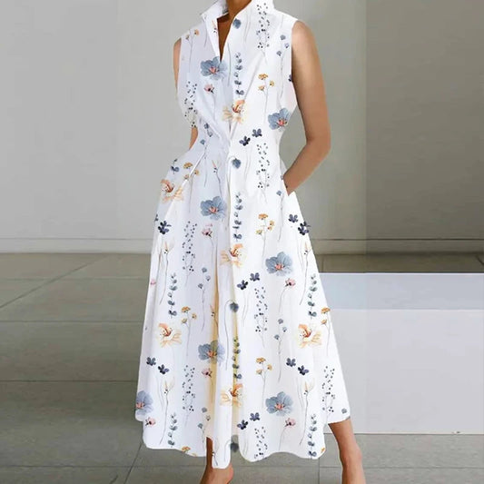 LB | Casual Turn-down Collar Printed Sleeveless Loose Elegant Slim Fit Midi Dresses