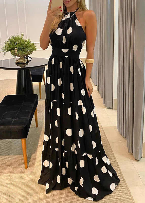 LB | Fashion Green Dot Print Halter Backless Maxi Dress Sleeveless