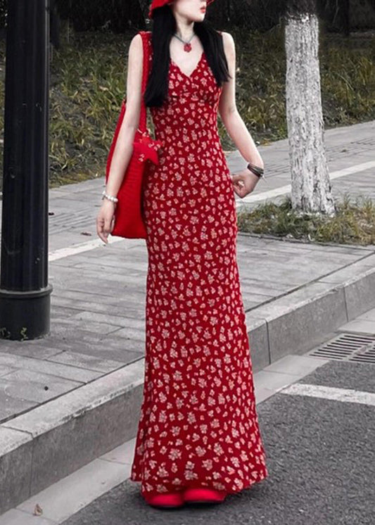 LB | Moda maxi sukienka czerwony nadruk V