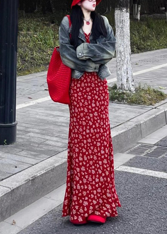 LB | Moda maxi sukienka czerwony nadruk V