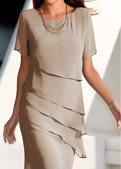 LB | French Khaki O-Neck Warstwowa szyfonowa sukienka maxi z krótkim rękawem